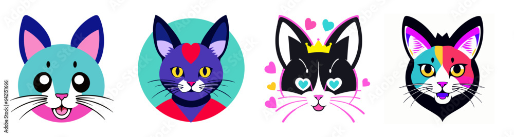 Set cats with different colored faces are shown in this image, one is a cat, the other a cat, sticker, vector art, furry art. Cartoon avatar.
