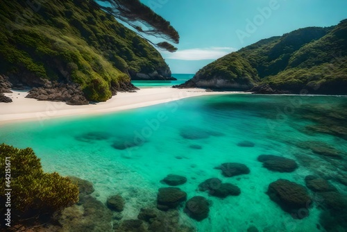 Serene and idyllic coastal lagoon  with calm turquoise waters and a sandy beach - AI Generative