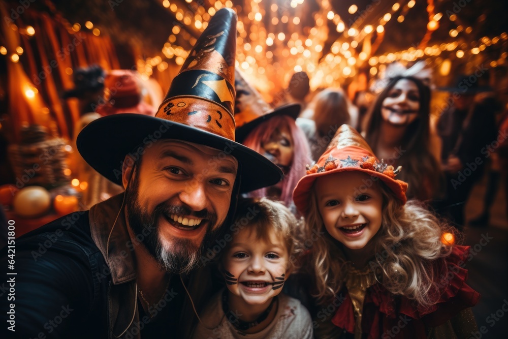 Family with Halloween costumes taking selfie on a party, celebrating with friends at a halloween party.