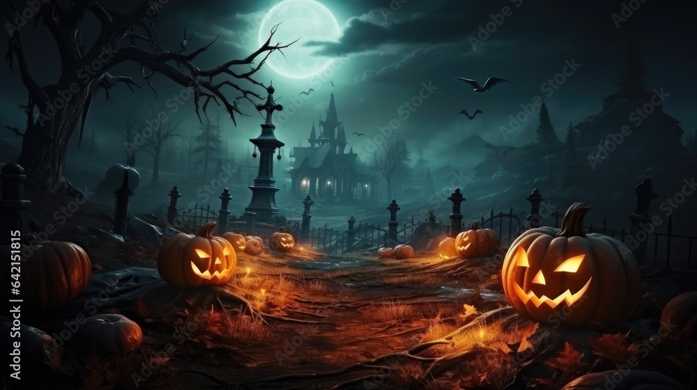 Halloween pumpkins in graveyard on the spooky night. Halloween concept.