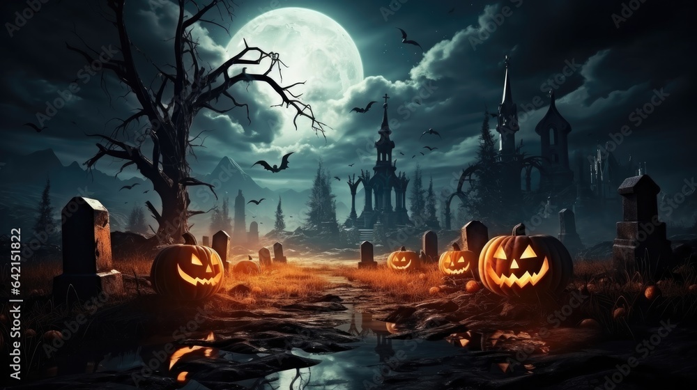 Halloween pumpkins in graveyard on the spooky night. Halloween concept.