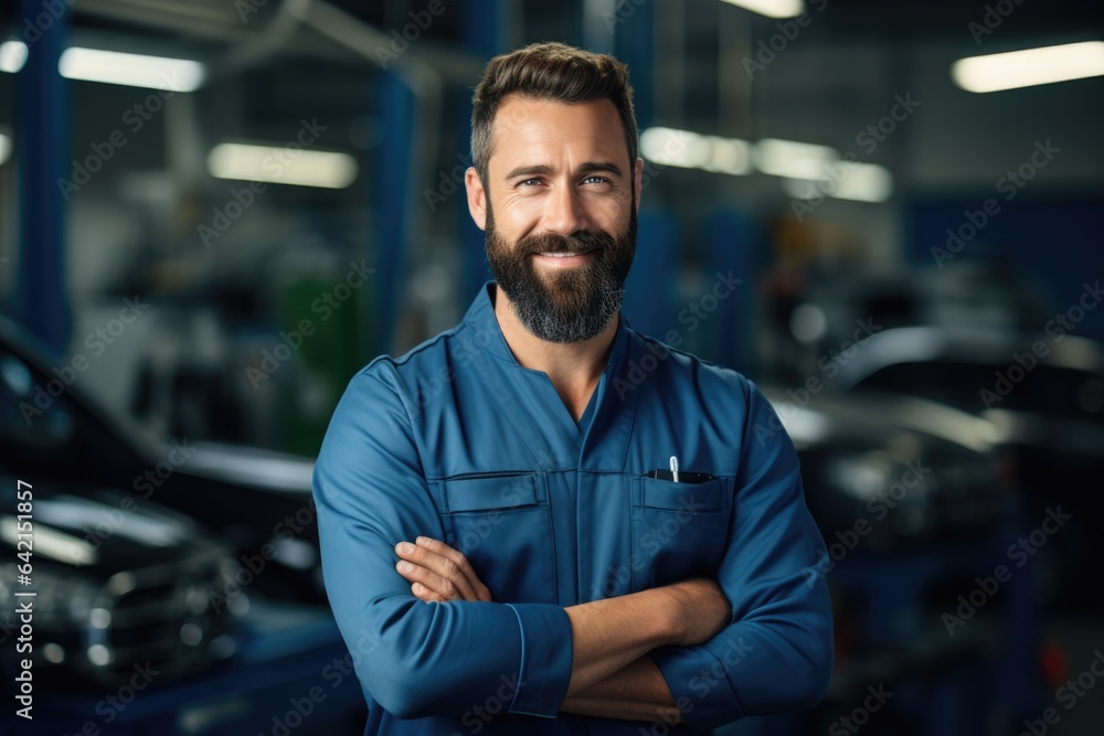 Technician male auto mechanic crossed arms in modern auto repair shop, garage. Technician male auto mechanic crossed arms in modern auto repair shop, garage.