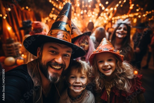 Family with Halloween costumes taking selfie on a party, celebrating with friends at a halloween party.