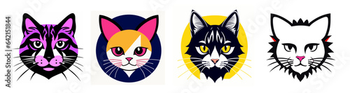 Set cats with different colored faces, bold shapes, vector art, pop art. Cartoon avatar.