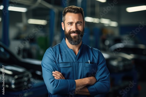 Technician male auto mechanic crossed arms in modern auto repair shop, garage.