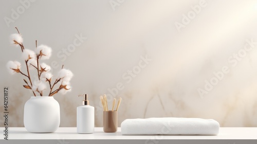 Soap dispenser on white table soft sunlight that shines. copy space.
