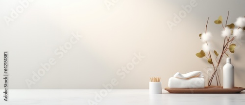 Soap dispenser on white table soft sunlight that shines. copy space.