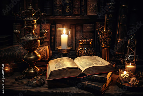 Bureau d'étude avec vieux grimoire ouvert et lecture à la bougie dans une ambiance médiévale