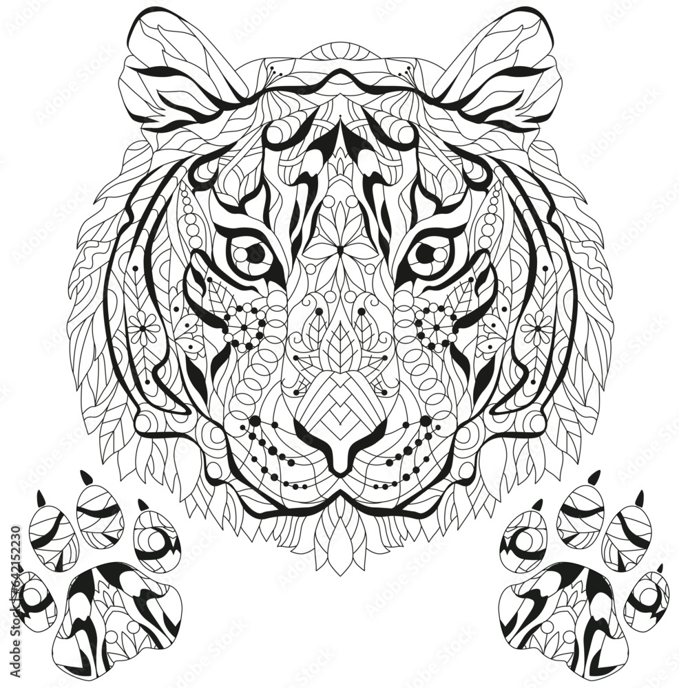 Fototapeta premium Zentangle tiger head with paws for coloring. Hand drawn decorative vector illustration