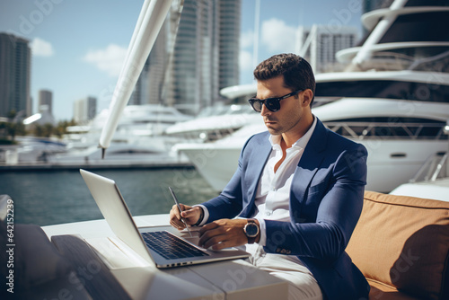 A businessman working on a laptop on the yacht.