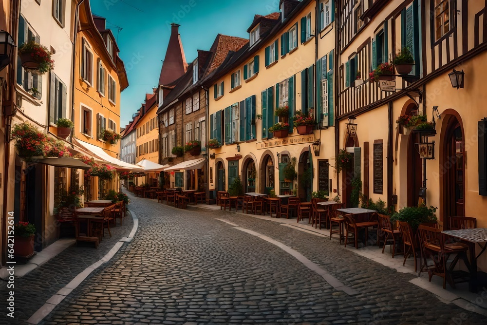 Street in a historic European town, lined with charming cafes - AI Generative