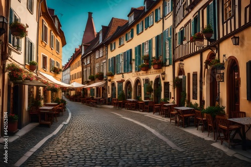 Street in a historic European town, lined with charming cafes - AI Generative