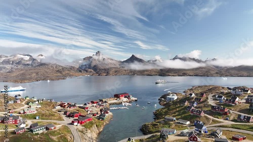 aerial view of Tasiilaq harbor and sailing yacht in Greenland photo