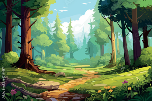 Beautiful forest landscape. Natural scenery in cartoon style, vector illustration, generative ai