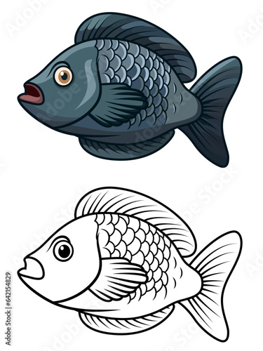 Tilapia fish cartoon vector  illustration, Oreochromis niloticus , Nile tilapia cichlid fish colored and black and white line artwork stock vector image