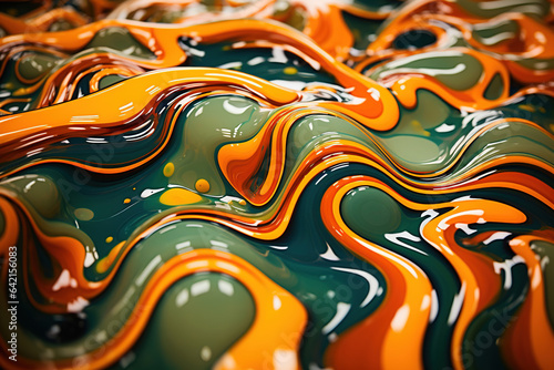 Reaction diffusion pattern in a shallow fuild tank, top view, orange and green colors photo