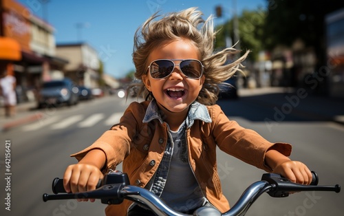 Bicycle being ridden by a playful girl wearing sunglasses. photo