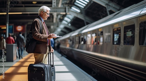 old senior businessman wear suit wating for train while reading news from paper or tablet he is standing on train station paltform daytime transportation concept photo