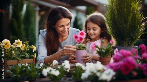 happiness cheerful family mother and daughter joyful looking at colorful flower at florist flower store beautiful day family spending time together