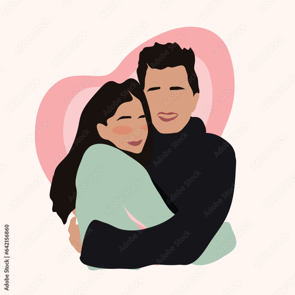 Obraz premium cute couple hugging with pink heart in backgorund, vector illustration, without face, 