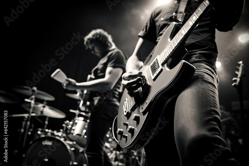 Rock and roll music background, guitar players on a stage, monochrome photo with selective focus