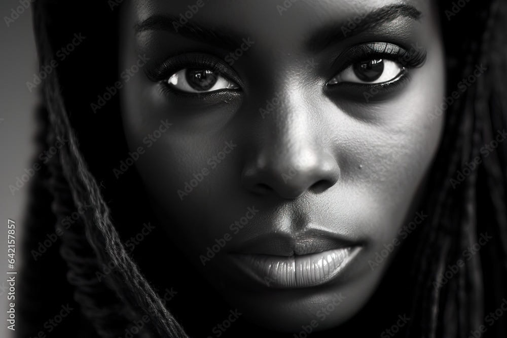 Close up black and white photo of african american woman staring. Female model high quality studio photo Close up black and white photo of african american woman staring. Female model high quality studio photo