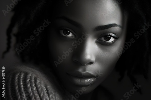 Close up black and white photo of african american woman staring. Female model high quality studio photo