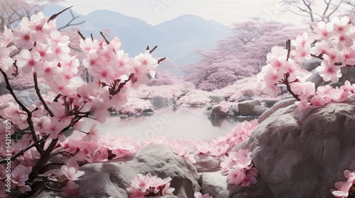 Cherry blossoms in a Japanese garden with a lake