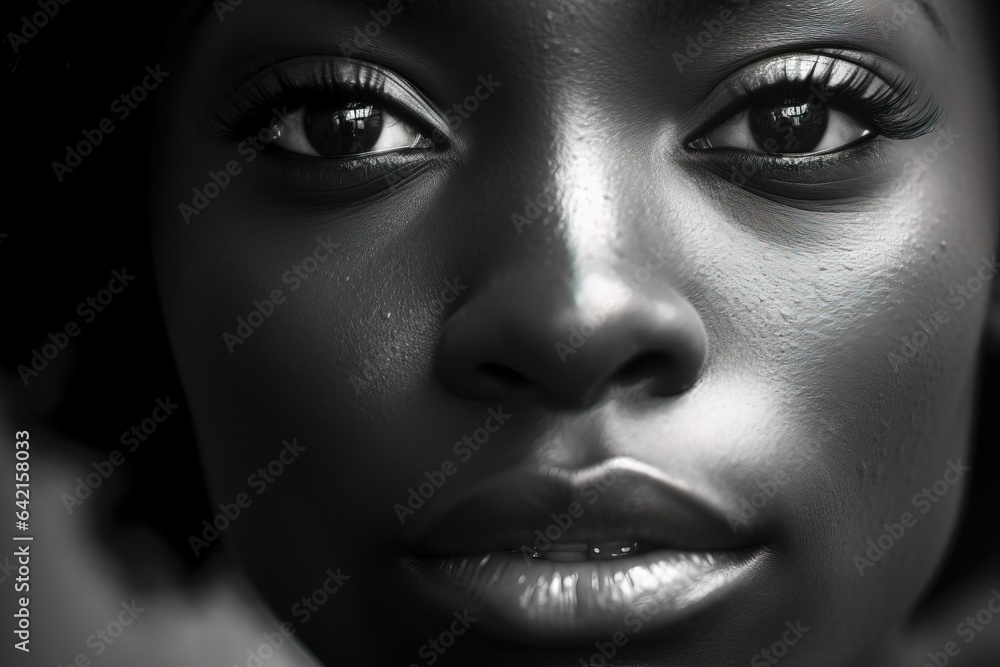 Fototapeta premium Close up black and white photo of african american woman staring. Female model high quality studio photo