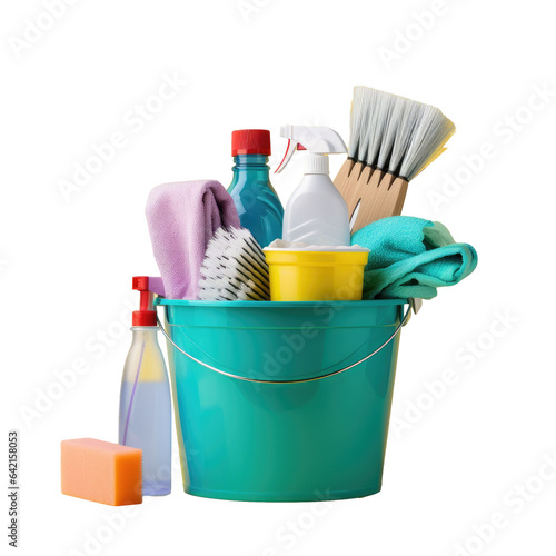 Cleaning supplies in a bucket isolated on a transparent background