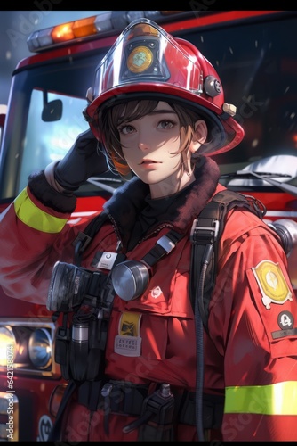 Portrait of a female firefighter standing in dramatic situation generative ai