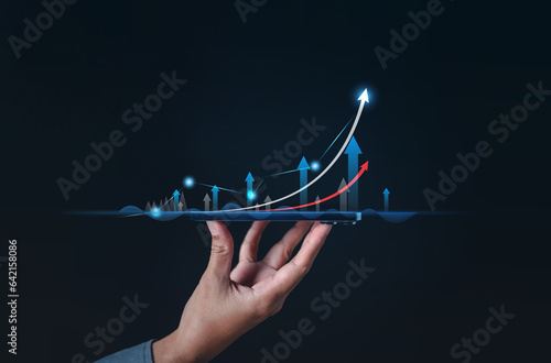 investment, graph, cryptocurrency, bitcoin, indicator, hand, investing, trader, risk, diagrams. hold smartphone via fingertips. then upper that's trend chart of investment cryptocurrency showing