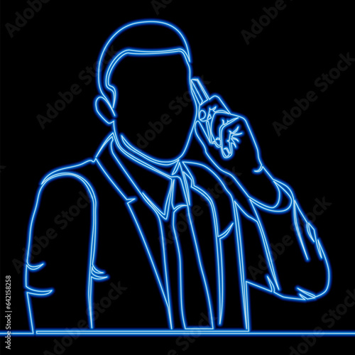 Continuous line drawing Businessman Smart Phone Talk Chat Communication icon neon glow vector illustration concept