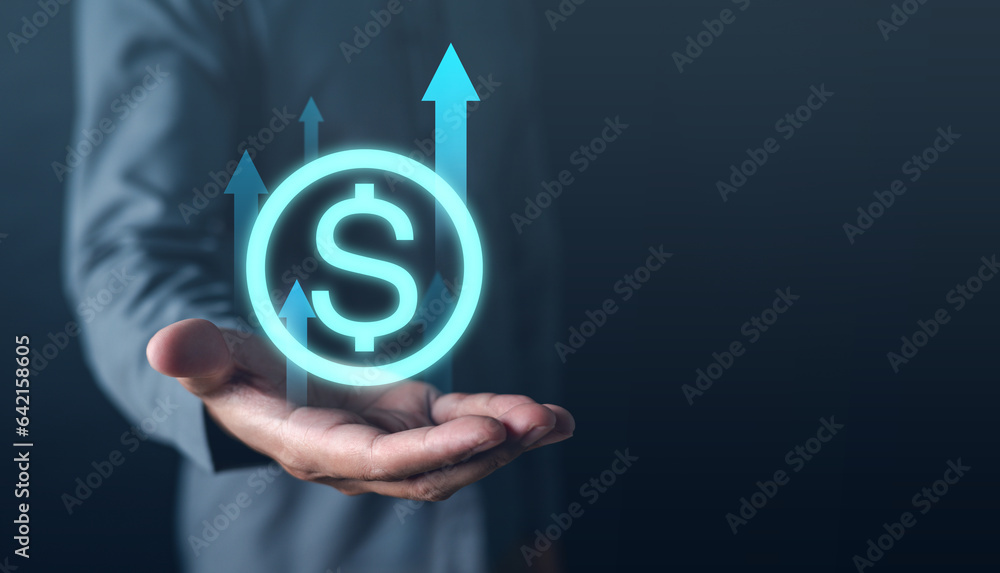 investment, graph, cryptocurrency, coin, bitcoin, indicator, hand, investing, trader, risk. close up to palm of hands has dollar coin HUD show it. around HUD has arrow growth up put it there. investment, graph, cryptocurrency, coin, bitcoin, indicator, hand, investing, trader, risk. close up to palm of hands has dollar coin HUD show it. around HUD has arrow growth up put it there.