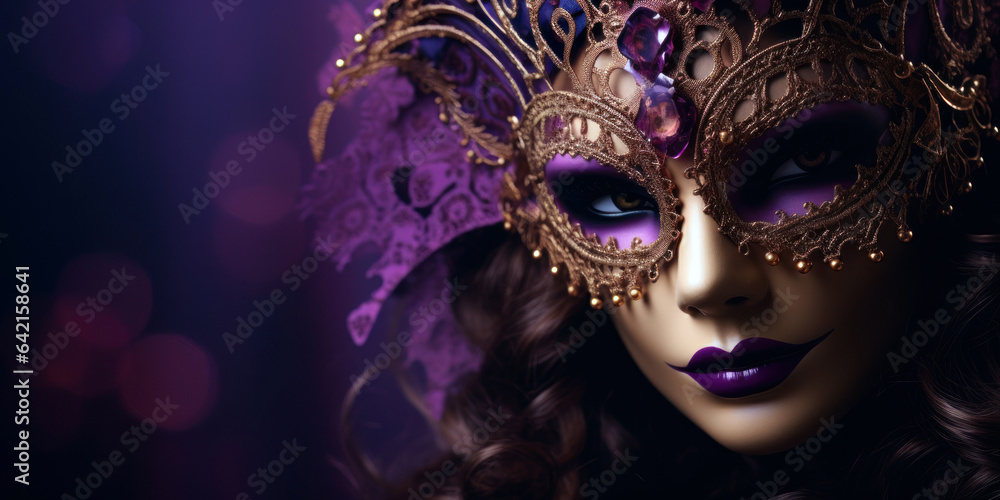 woman's face, half-covered with a masquerade mask, symbolizing mystery, carnival, masquerade