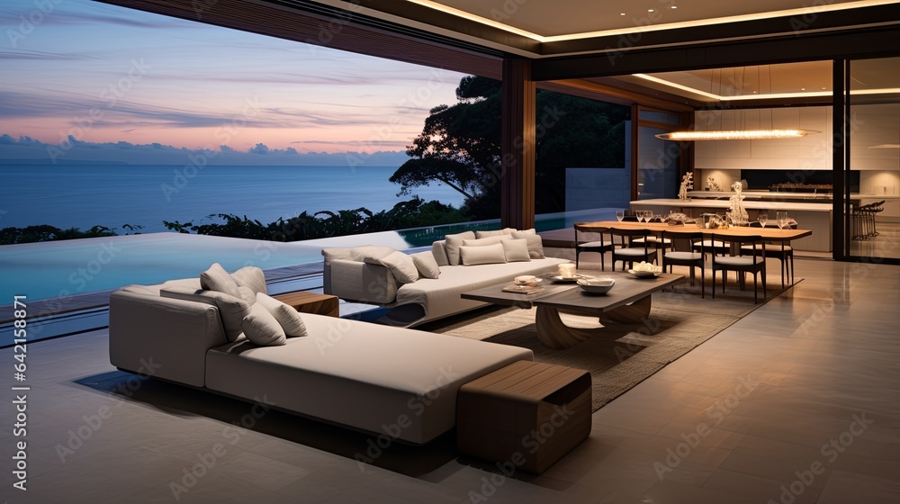 Fototapeta premium beautiful pool villa penthouse home apartment with sunning ocean open view beautiful home interior design creative ideas concept,ai generate