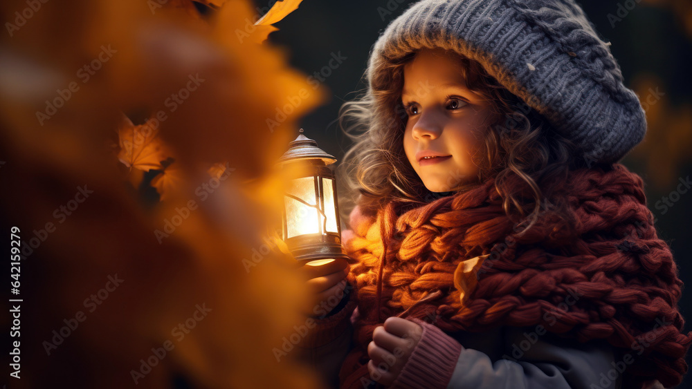 child wrapped in a chunky knit blanket gazes wonderstruck at a lantern illuminating a pile of colorful leaves child wrapped in a chunky knit blanket gazes wonderstruck at a lantern illuminating a pile of colorful leaves