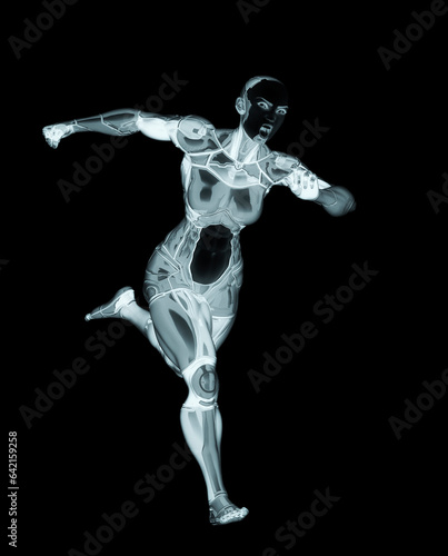 super cyborg girl is running mega fast with a ferocious face