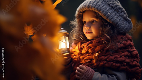 child wrapped in a chunky knit blanket gazes wonderstruck at a lantern illuminating a pile of colorful leaves