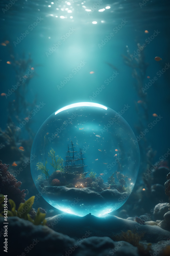glass orb ball with magical elements inside - underwater depths