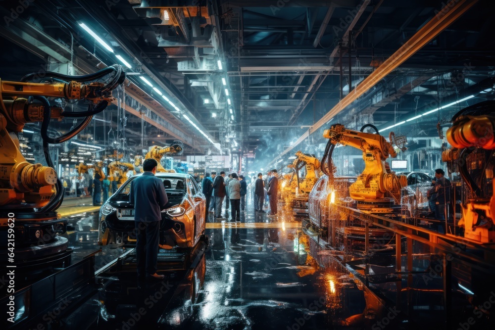 factory, background, production, construction, industry, artificial, robotic arm, automated, structure, vehicle. background image is industry in progress to make vehicle structure via robotic arm.