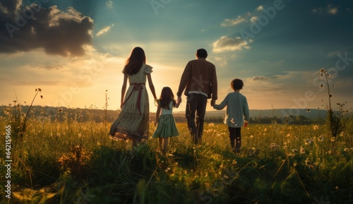 parent, meadow, family, mother, child, relaxation, journey, nature, freedom, together. background image is mother and children walk together at meadow, field of flower on sunset to relaxation. © sornthanashatr