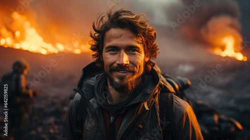 Generative AI  male scientist volcanologist on the background of an erupting volcano  the study of tectonic plates  lava  magma  earthquake  volcanology  crater  fire  traveler  brave man  eruption