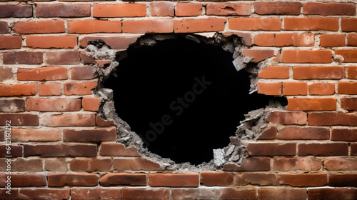 Rough old red brick wall with a large hole in the middle. Concept of breaking through and revealing something, perhaps a sale or discount. Black background.