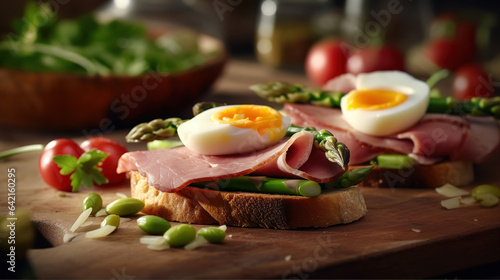 Fresh sendwich with ham, asparagus and quail eggs on old wooden chopping board. Generative ai photo