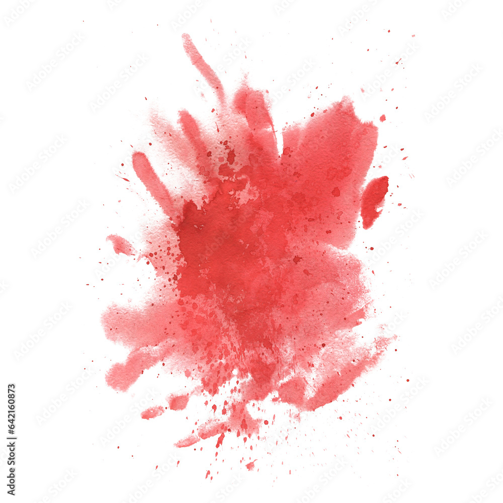 Bright red, scarlet blood stain with splashes for the design and decor of the day of the dead, Halloween. Watercolor illustration, hand drawn. Isolated object on a white background.