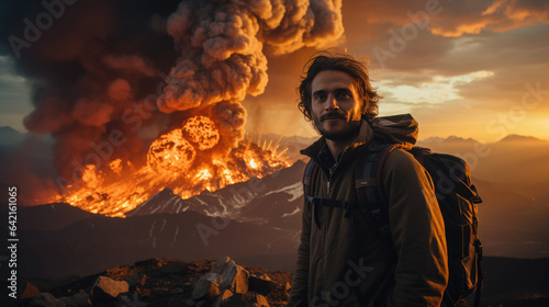Generative AI  male scientist volcanologist on the background of an erupting volcano  the study of tectonic plates  lava  magma  earthquake  volcanology  crater  fire  traveler  brave man  eruption