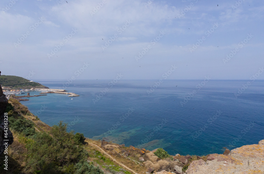 Aerial view of Tharros blue sea, Sardinia 