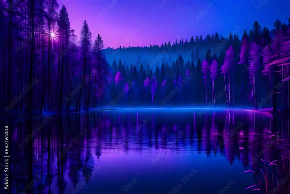 Obraz premium Enchanting cusp of sunset, where nature's beauty meets abstract artistry, a mesmerizing scene unfolds. Imagine a serene lake nestled within a dense forest, where the sky transitions 