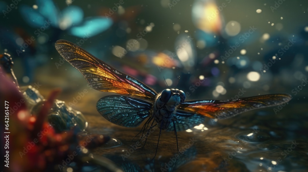 Illustration of a butterfly splashed in river water